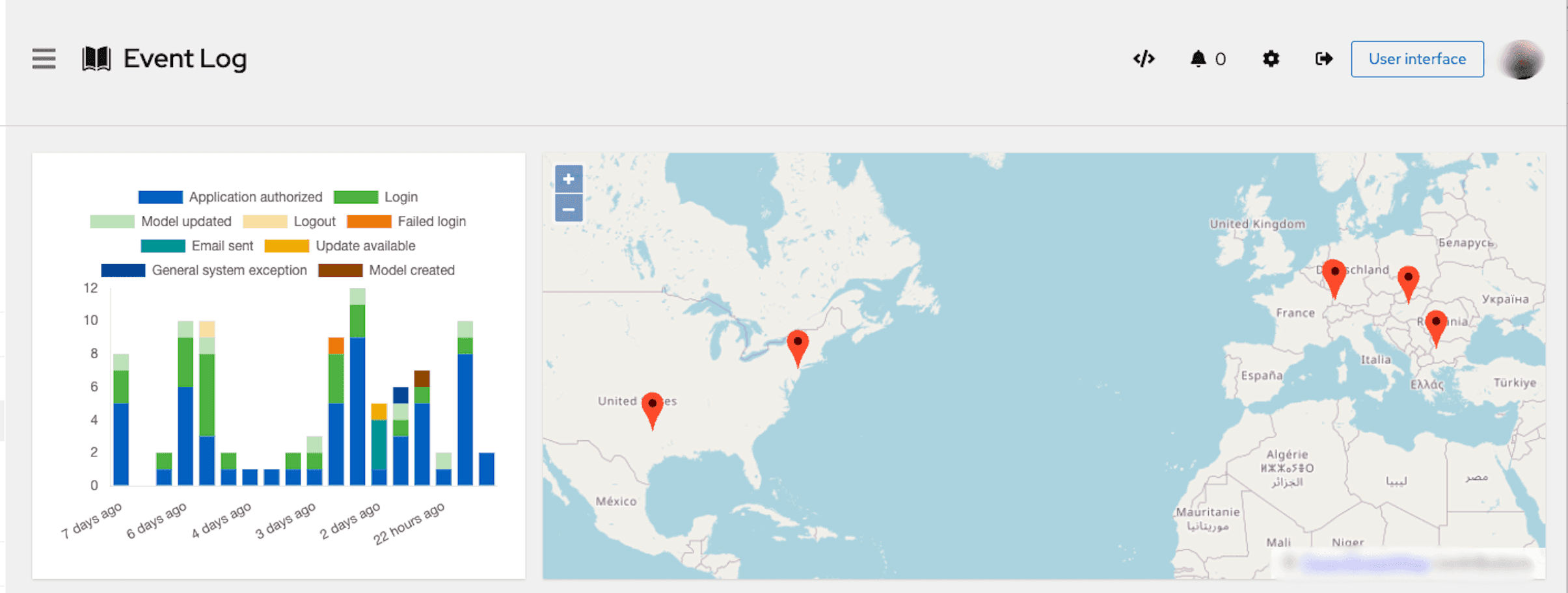 Screenshot of the admin interface showing events plotted on a histogram chart and on a map
